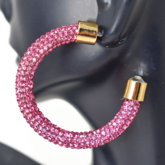 1.75" Boho Fuchsia Pave Rhinestones Hoop Earrings - Picture 10 of 12